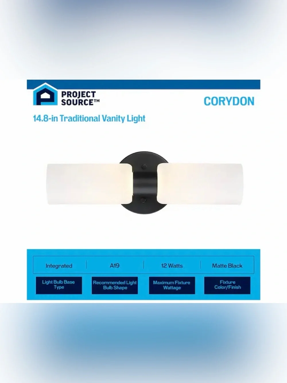 New project source corydon Matte Black LED Vanity Light Frosted Glass Shades